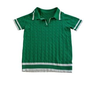 Cable Knit Polo Top Sz S Green Tipped Trim Old Money Preppy Varsity Mod Golf